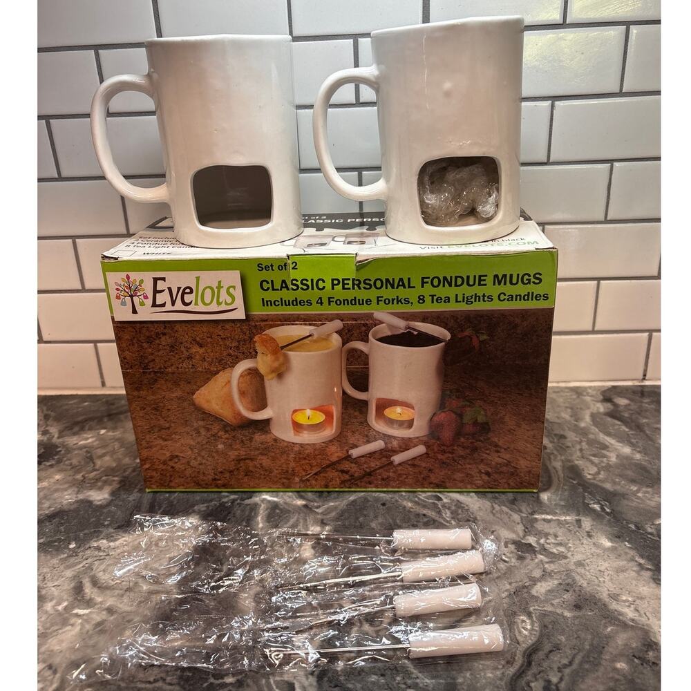 Evelots Classic 2 Personal Fondue Mugs, 4 Fondue Forks, 2 Tea-Lights